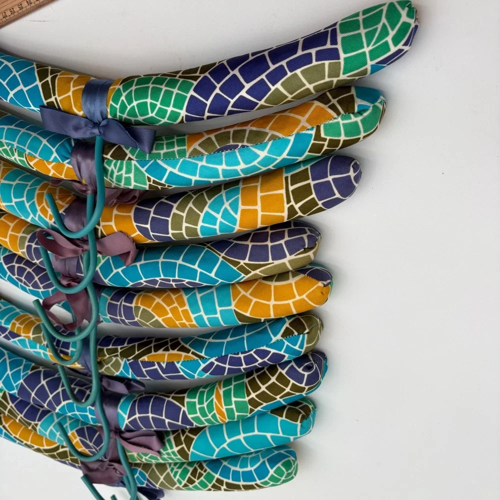 Set of 8 Padded Satin Clothing Hangers Mosaic Stained Glass Print Teal Yellow
